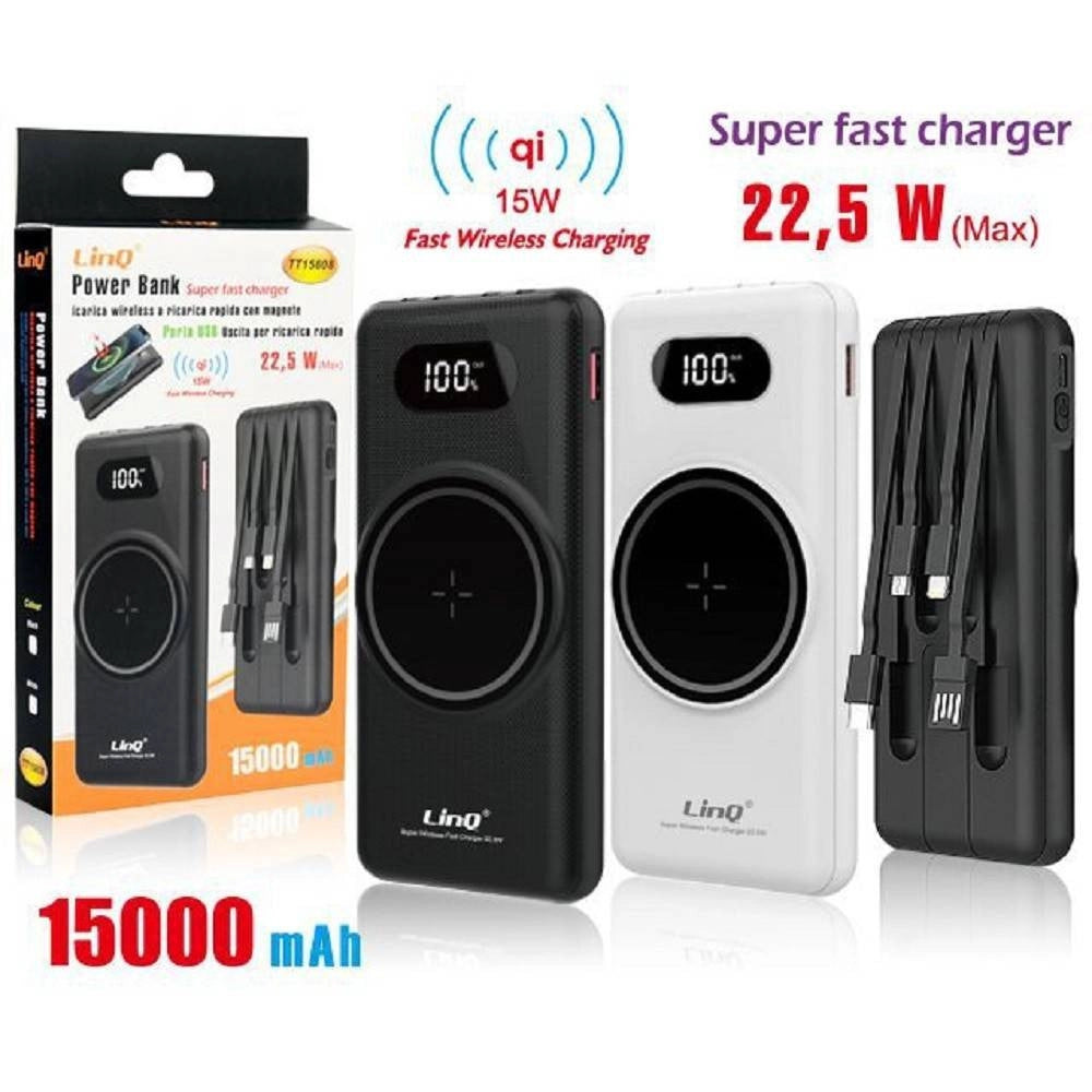 Trade Shop - Powerbank Da 15000 Mah Con Ricarica Wireless Rapida Usb / Usb-c Con Cavi Tt15808 -
