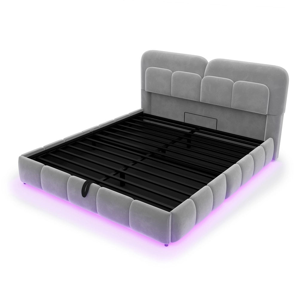 Letto imbottito 140x200 cm contenitore ¨C Minimal ¨C grigio velluto con led