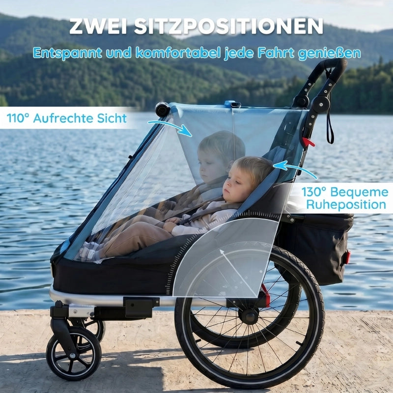 RIMORCHIO BICI PER BAMBINI 2 POSTI 2-in-1 PIEGHEVOLE BLU ALLUMINIO