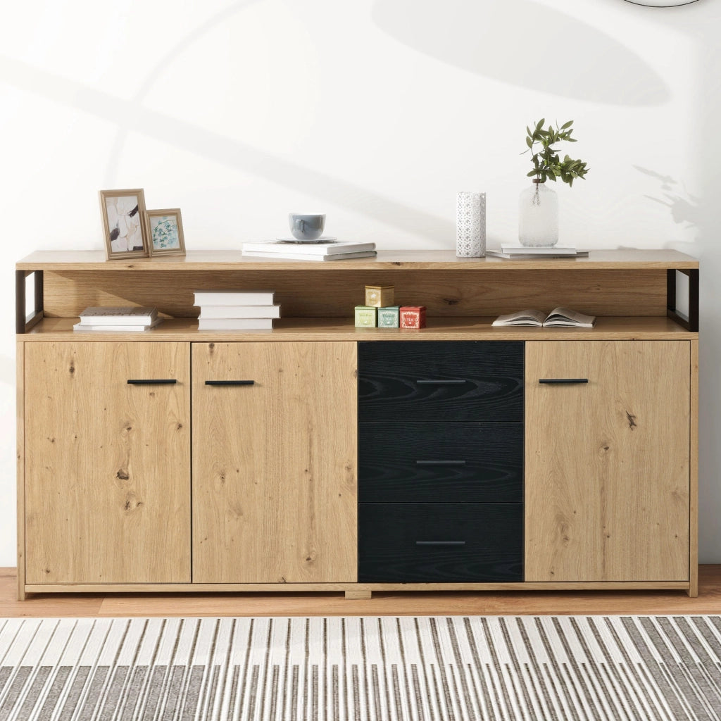 Credenza ULEVR 150x35x75,9 cm con 3 ante, 3 cassetti e ripiani regolabili, nero e marrone