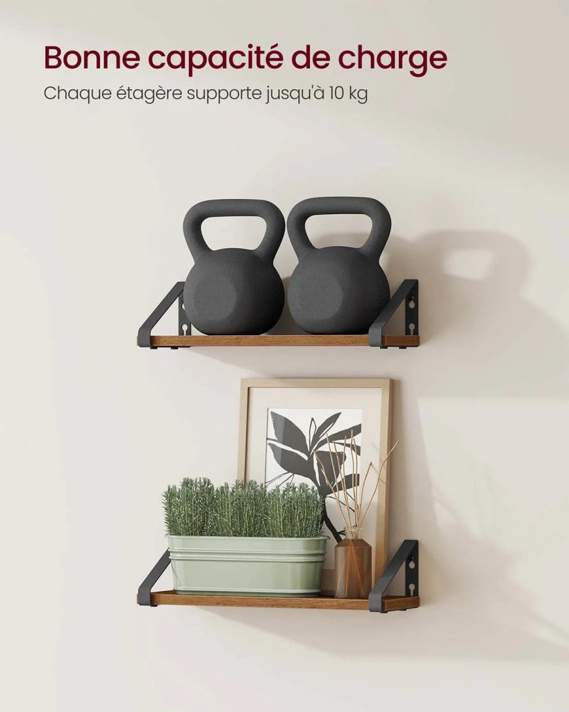 Mensola sospesa da parete set di 2 opzioni di montaggio 40 cm per soggiorno cucina ufficio bagno marrone rustico e nero opaco 12_0008006