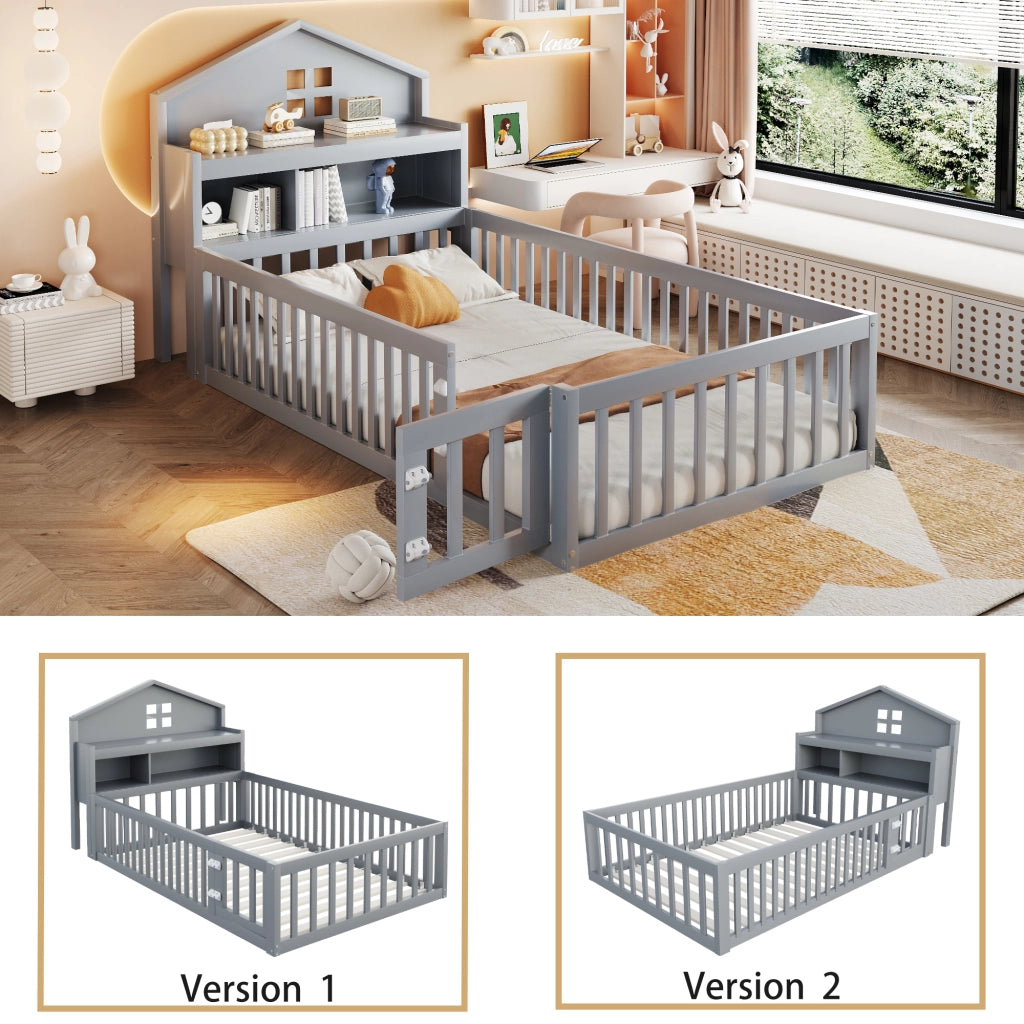 Letto a forma di casa grigio in legno massello con funzione contenitore e rete a doghe 90x200 cm