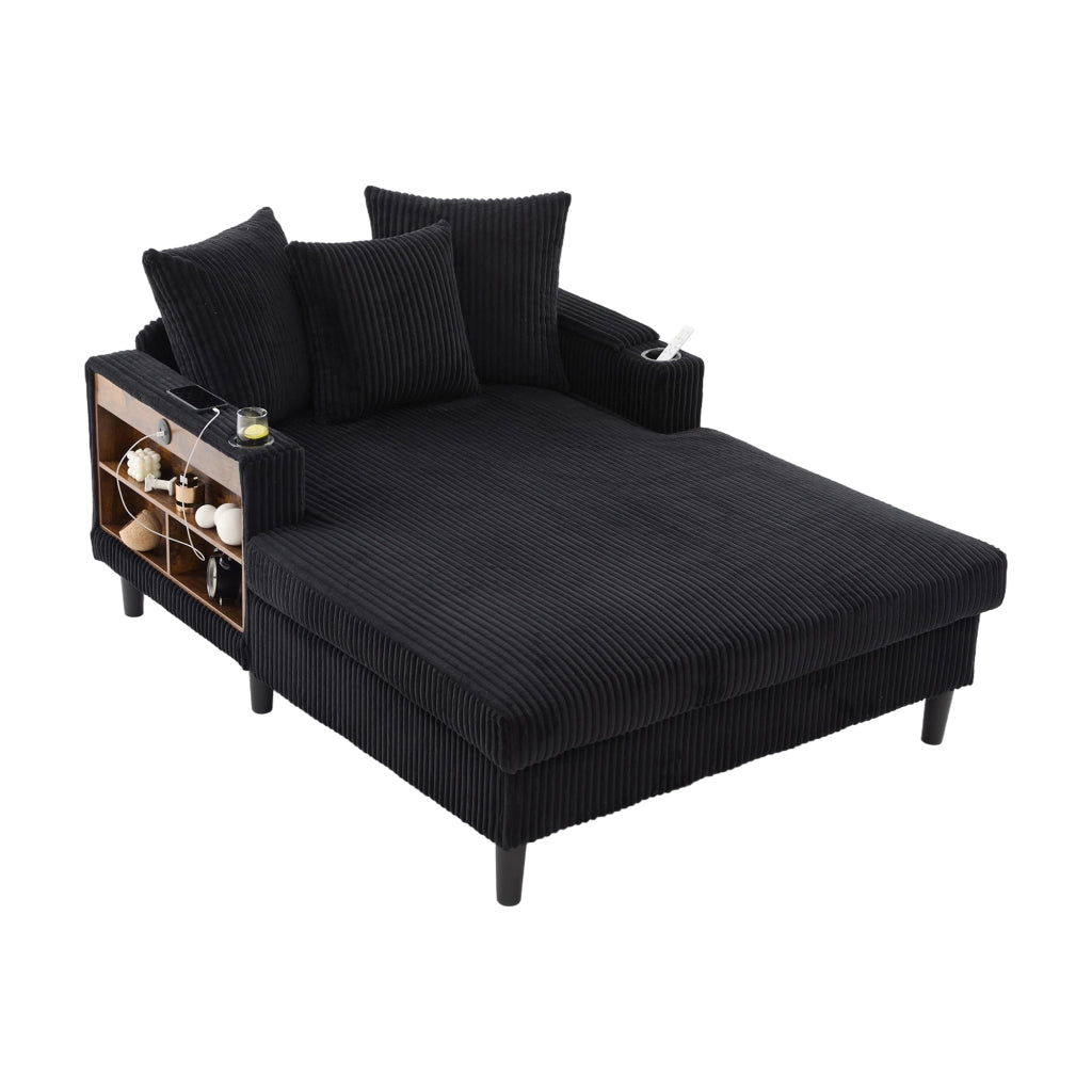 Chaiselongue multifunzione in velluto a coste con porta bicchieri, LED, USB e vano contenitore