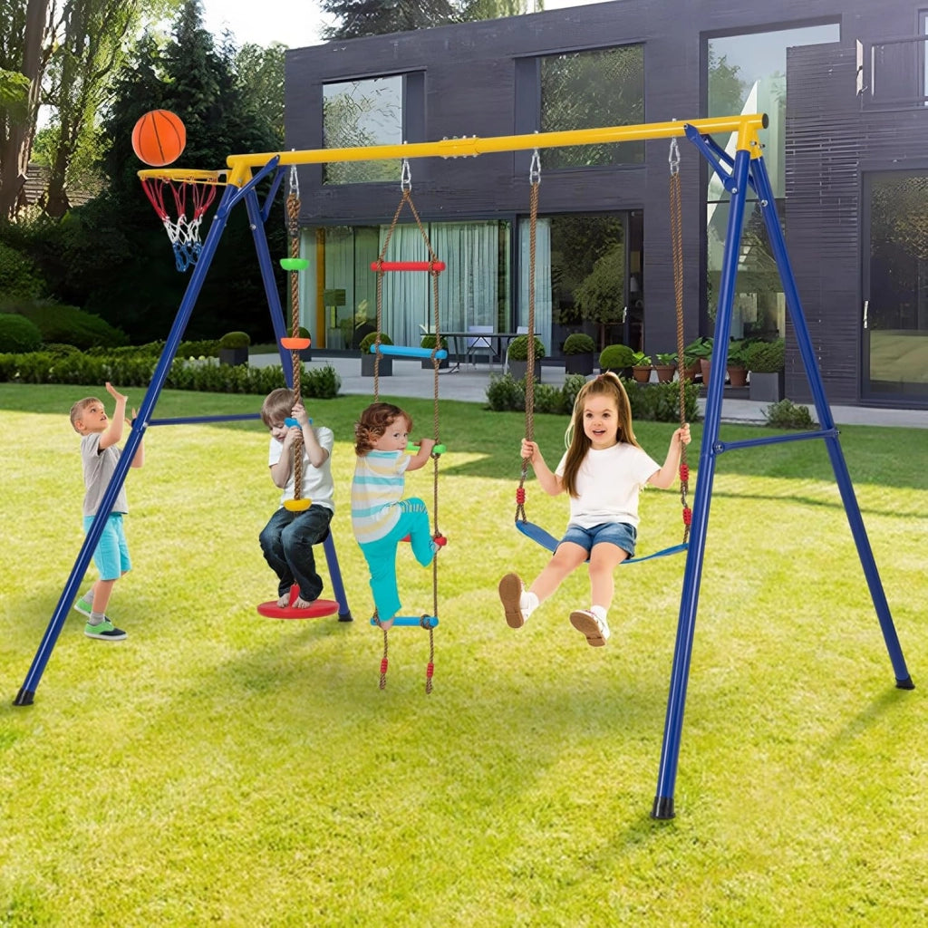 Set Altalena per Bambini Robusta, Set Altalena 4 in 1 con Canestro Basket, Altalena Regolabile, Scala e Disco con Corda, Giochi da Interno ed Esterno per Bambini 3-9 Anni, Portata 300 kg