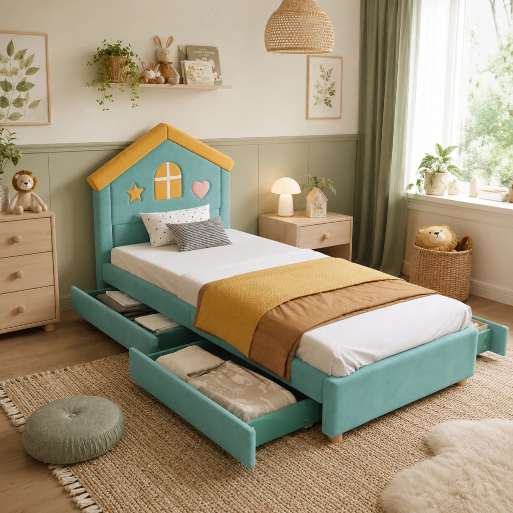 Letto imbottito per bambini a casetta 90x200 cm con 4 cassetti in velluto blu verde