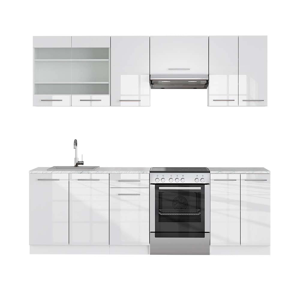 Cucina componibile Fame-Line Bianco lucido/Bianco 240 cm, PL Marmo Vicco