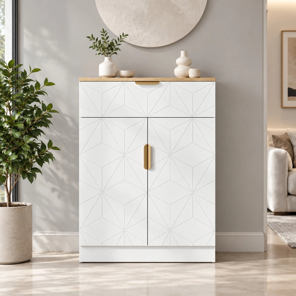 Credenza 60x32x82 cm bianco e legno – cassetto, ripiani regolabili