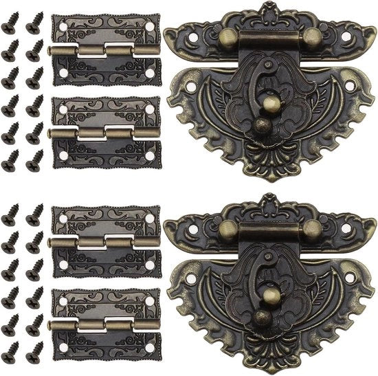 Blocco di Chiusura Vintage con Cerniere e Viti - Accessori Decorativi per Mobili e Armadi - Scatola in Legno - Set a 2 Pezzi