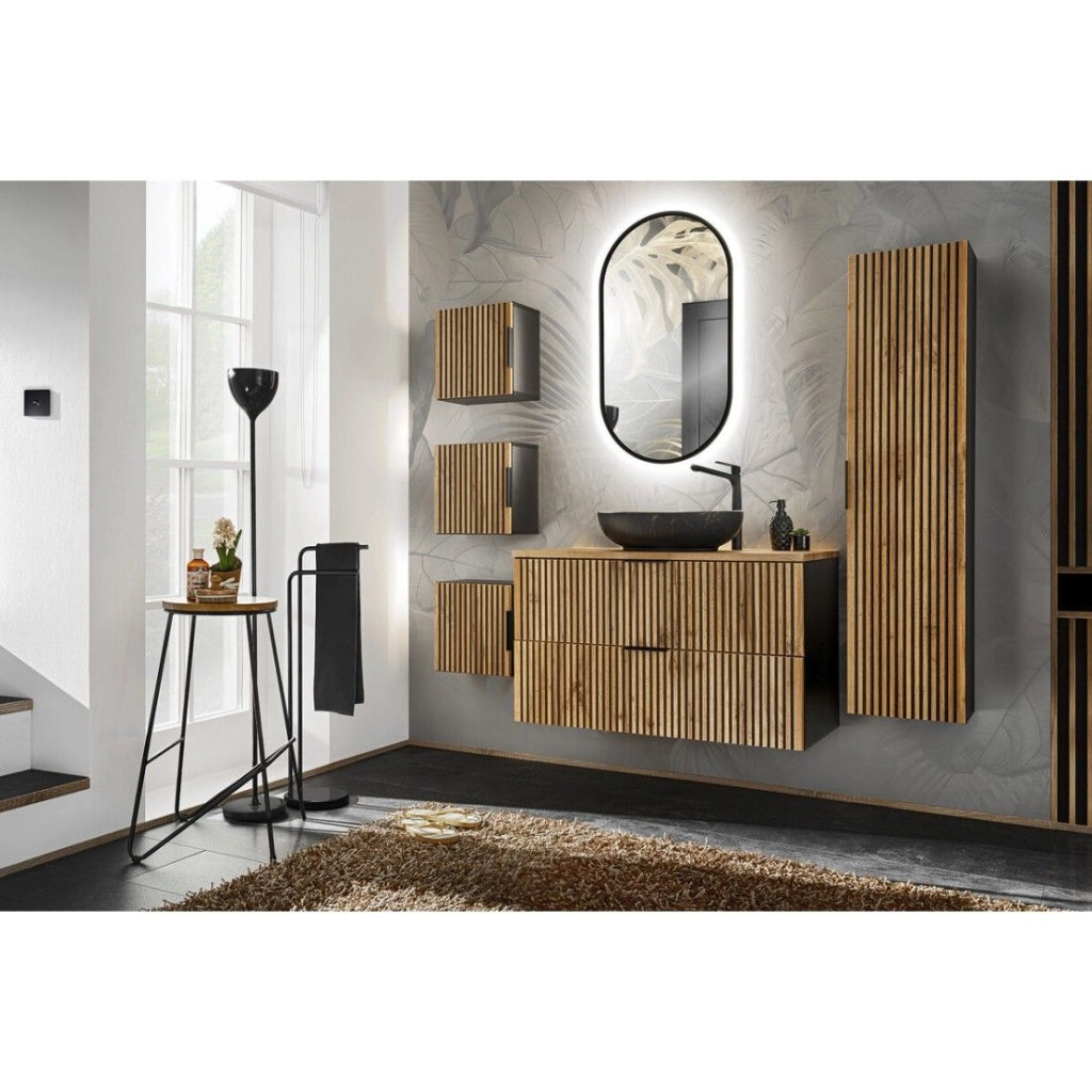 Set KINOKO: mobile sottolavabo 100cm + lavabo nero da appoggio + 1 specchio LED + mobili di contenimento