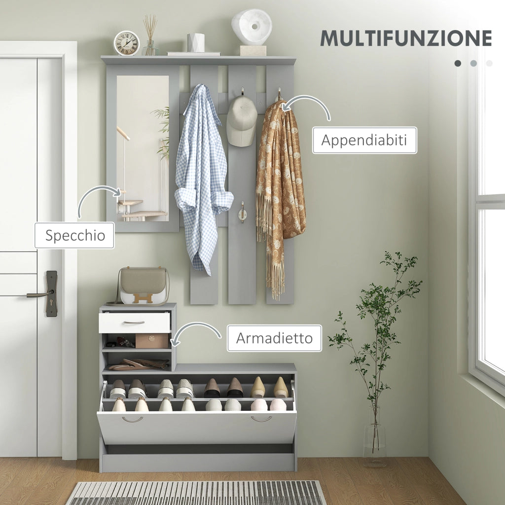 Mobile Appendiabiti 3 in 1 con Scarpiera e Specchio. Ganci e Cassetti. in Legno. 90x10x91 cm. Bianco e Grigio