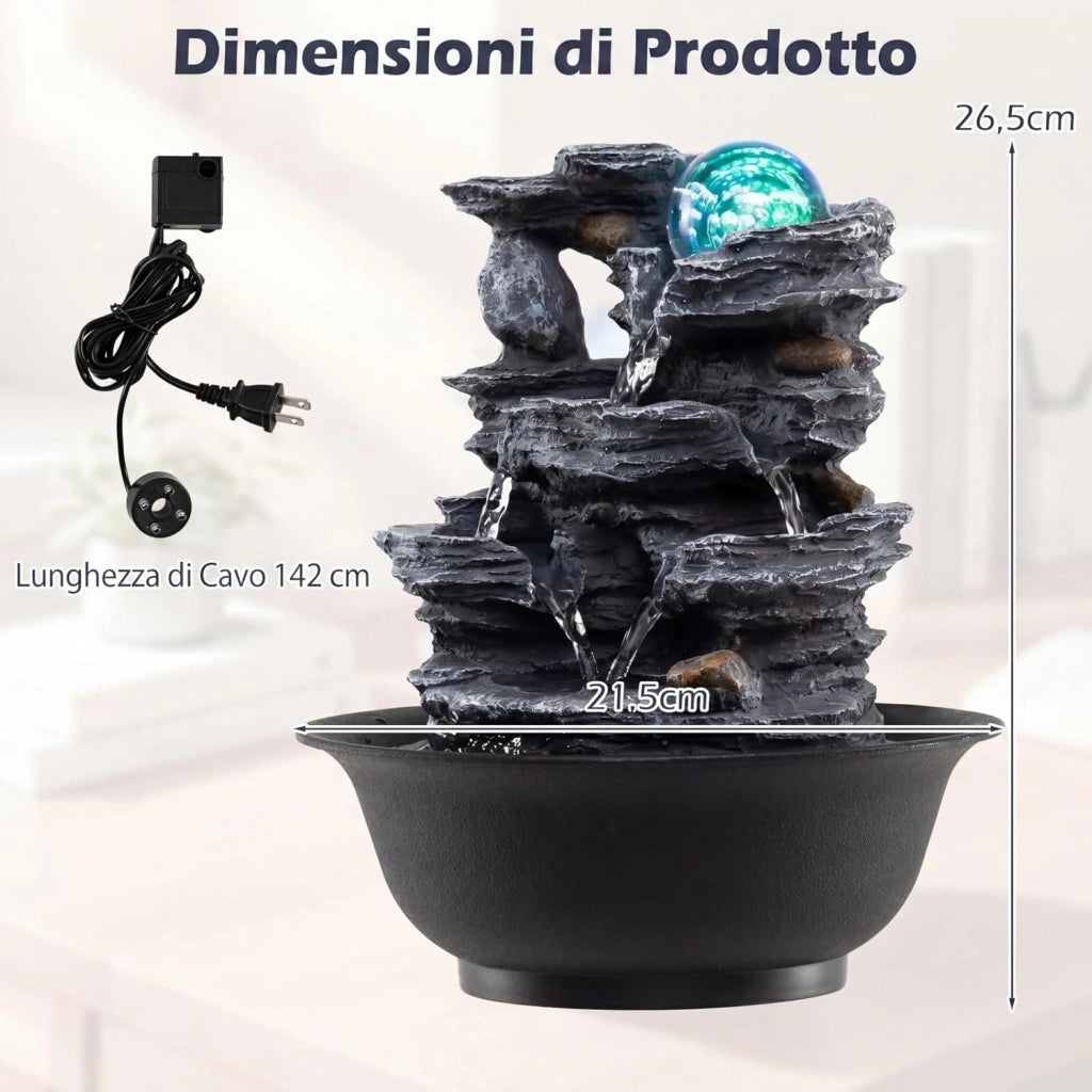 Fontana Zen da Interno, Fontana da Tavolo a Cascata con Luce LED, Pompa Silenziosa e Velocità dell'Acqua Regolabile, Fontanella Decorativa per Soggiorno, Ufficio e Camera da Letto (Modello 3)