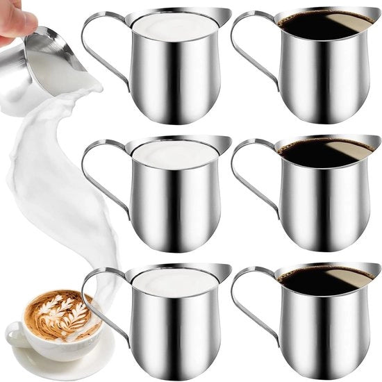 Set di 6 cannettini da latte in acciaio inossidabile - 90 ml - Cannettini da latte in acciaio inossidabile da 3 oz - Per cappuccino e latte art - Set di 6 cannettini da latte in acciaio inossidabile - Dimensioni: 90 ml