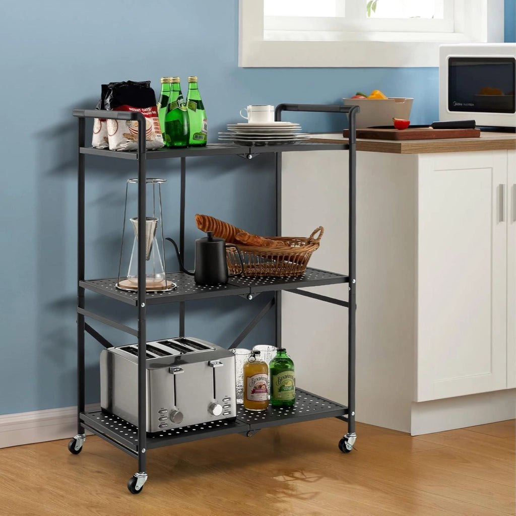 Carrello Portaoggetto Pieghevole, Scaffali con Ruote Bloccabili 3 Ripiani e Maniglie, Carrello con Ruote Portatutto per Cucina Soggiorno Corridoio