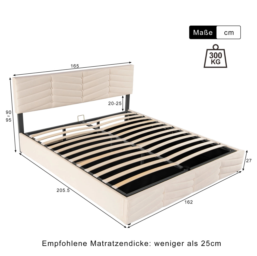 Letto matrimoniale imbottito con contenitore idraulico 160x200 cm in velluto beige