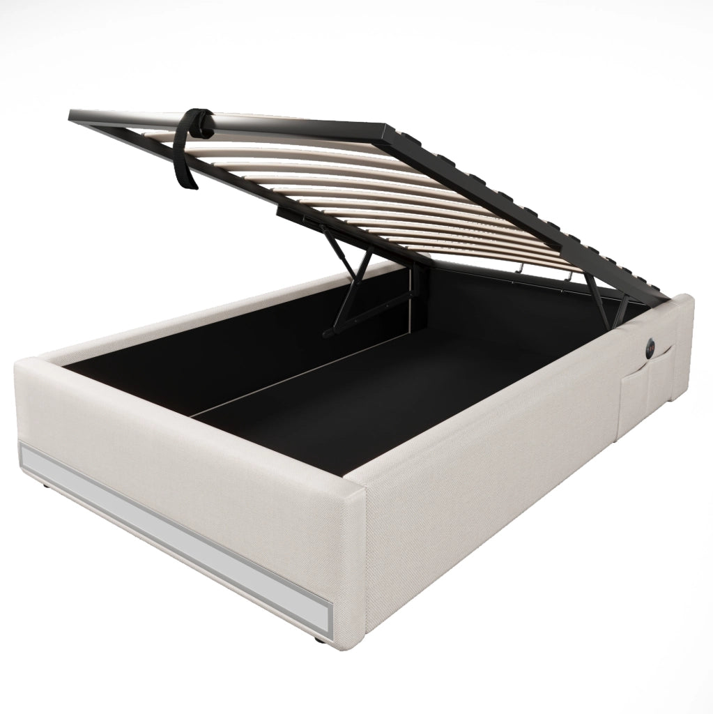 Letto imbottito 90x200 cm con LED; USB e Tipo-C; contenitore idraulico in lino beige