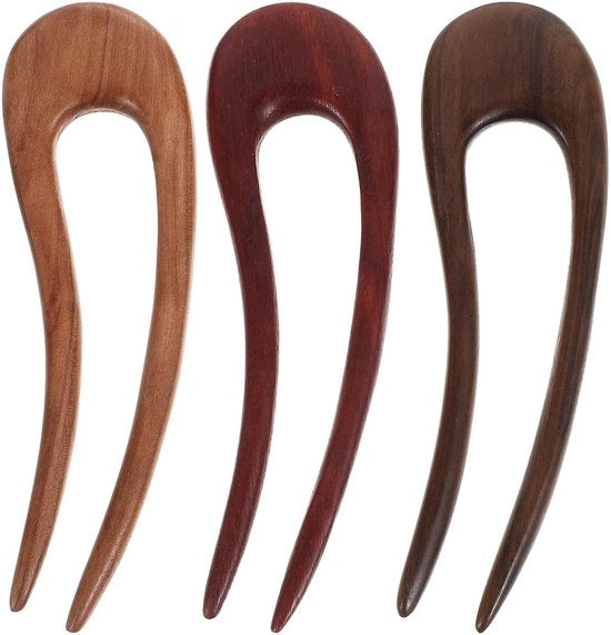 Decorative U-shaped Hairpins in Wood - Accessori per Capelli Donna - 3 Pezzi - 11,50 x 3,50 cm