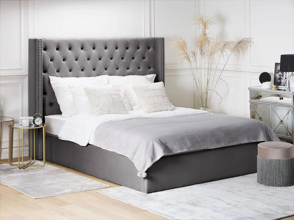 Letto con testiera imbottita in velluto grigio imbottita da 180 x 200 cm