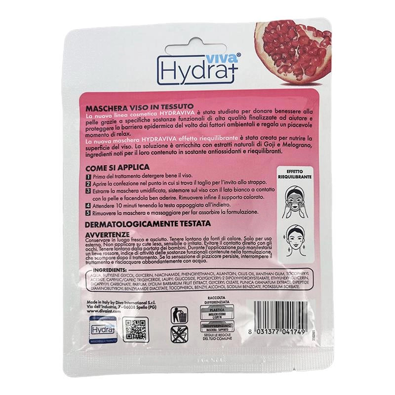HYDRA VIVA MASCHERA IN TESSUTO TRATTAMENTO MONODOSE CON MELOGRANO E GOJI EFFETTO RIEQUILIBRANTE DERMATOLOGICAMENTE TESTATO