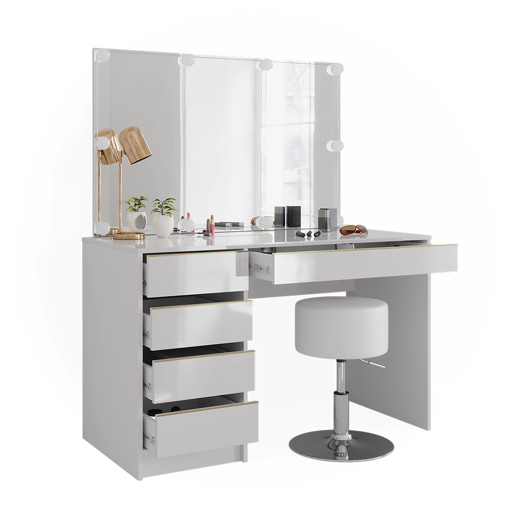 Vicco Tavolino da toilette Bianco/Oro 55 cm con illuminazione a LED e sgabello