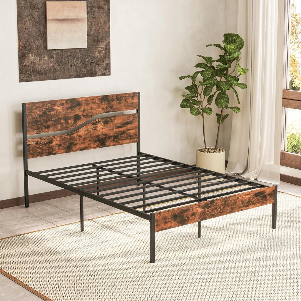 Telaio letto per materasso da 140 x 200 cm, letto in metallo con rete a doghe, letto a piattaforma con testiera, letto matrimoniale industriale in metallo e legno, letto per gli ospiti rustico