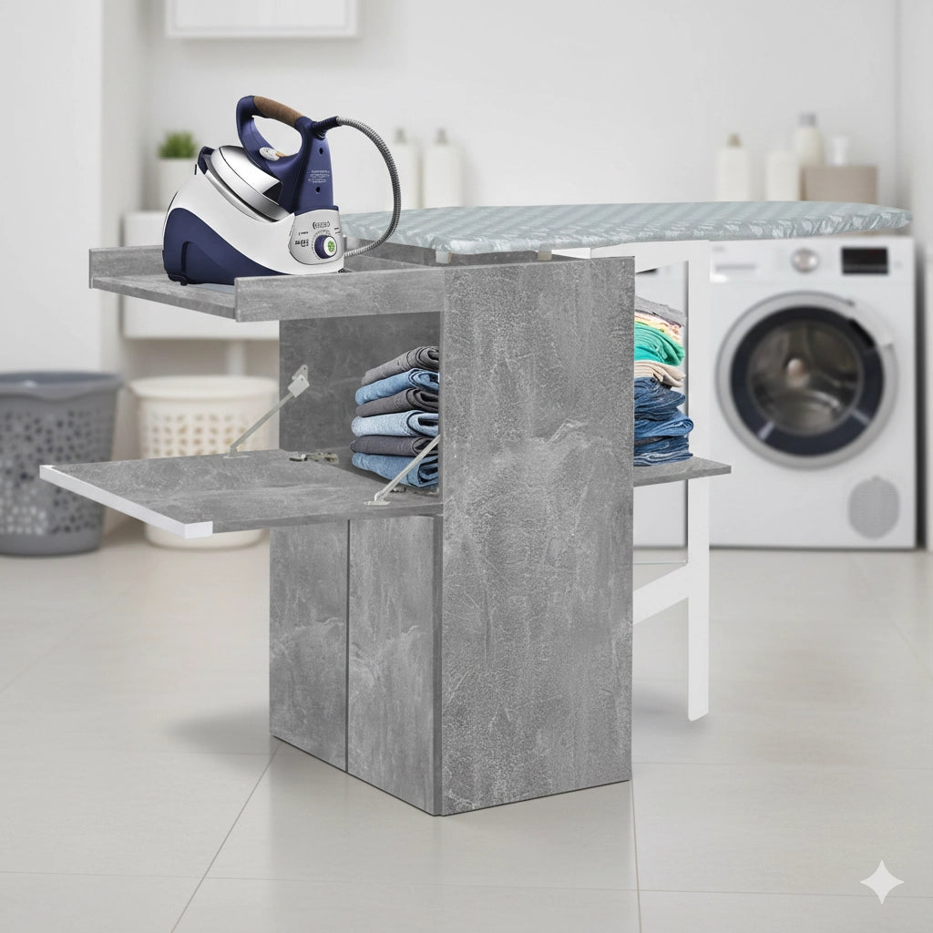 Mobile Asse da Stiro a Scomparsa Salvaspazio Richiudibile 55x38x90,5 cm In MDF Effetto Cemento