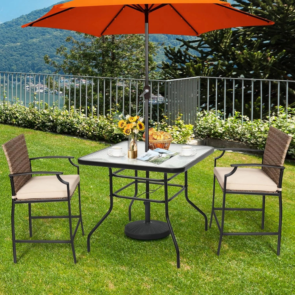 Tavolino in Vetro, con Foro di 40 mm per Ombrellone, 2 Anelli di Fissaggio, Tavolino Multiuso da Esterno, Giardino, Cortile, Balcone, Portata di 80 kg, 81x81x71 cm (Quadrato)