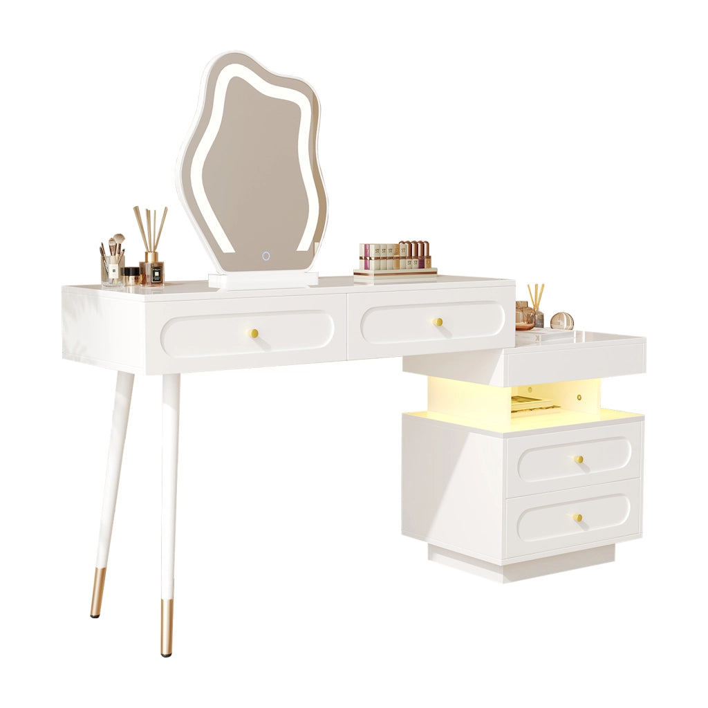 Tavolo da trucco con specchio LED, 4 cassetti e vano aperto, design salvaspazio per camera da letto, bianco, 140¡Á40¡Á130 cm