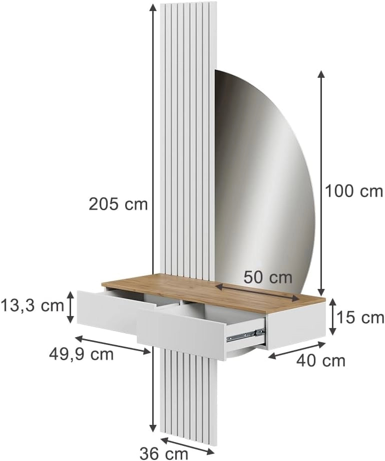 Vicco Tavolo da toeletta Melina, Bianco/quercia, 100 cm con specchio a LED