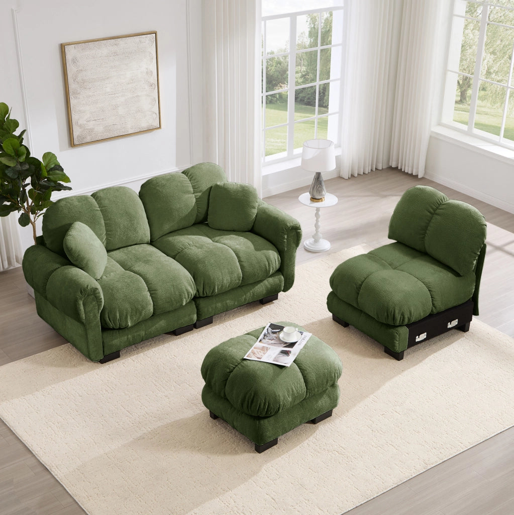 Divano angolare modulare a 3 posti in chenille verde; 260x149x90 cm; con pouf mobile