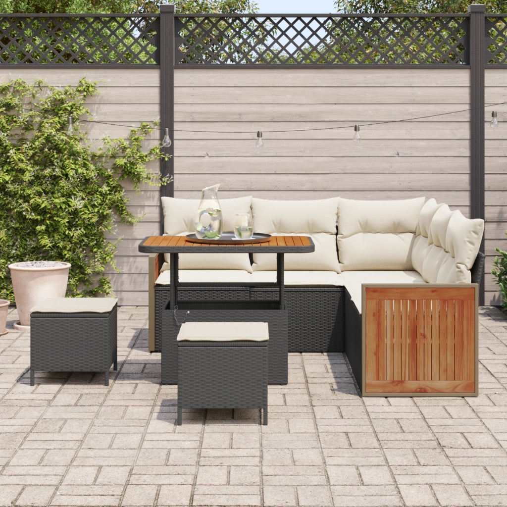 Set Divano da Giardino 8 Pezzi con Cuscini Nero Rattan Polietilene Acacia
