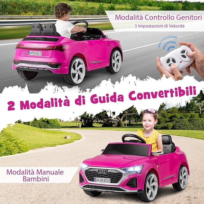 12V Audi Auto Elettrica per Bambini, Veicolo Elettrico con Telecomando Clacson Luci LED Musica, 3 Velocità 3-5 Km/h, Avvio Morbido, Auto per Bambini 3 Anni+ (Rosa)