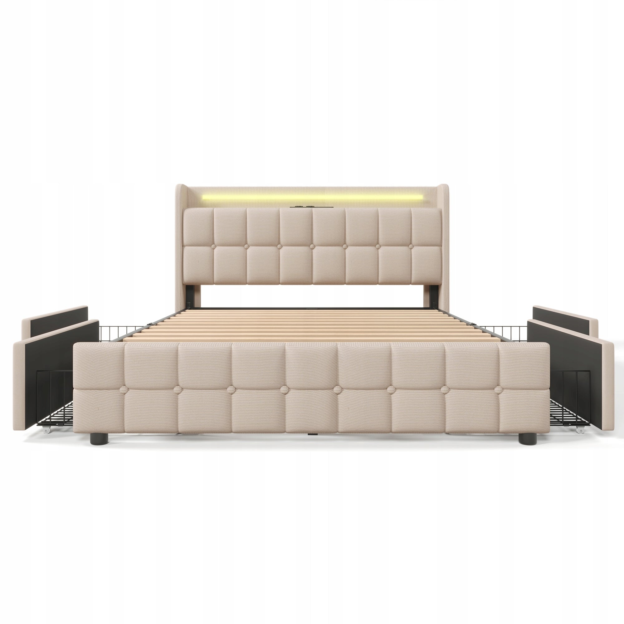 Letto matrimoniale imbottito - Xylo - 140x200 cm - Beige - Luci LED, testiera regolabile