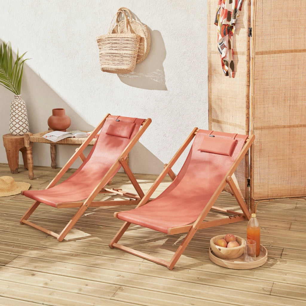Set 2 sedie sdraio in legno con cuscino poggiatesta, terracotta