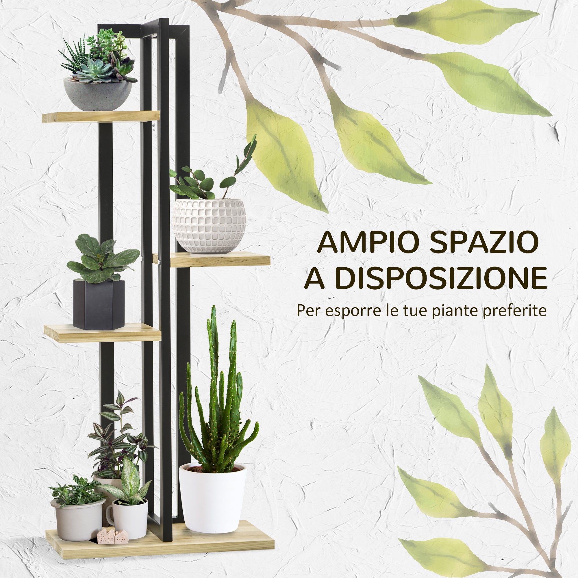 Portapiante a 4 Ripiani in Stile Industriale 45x25x110 cm in Legno di Abete e Metallo Nero