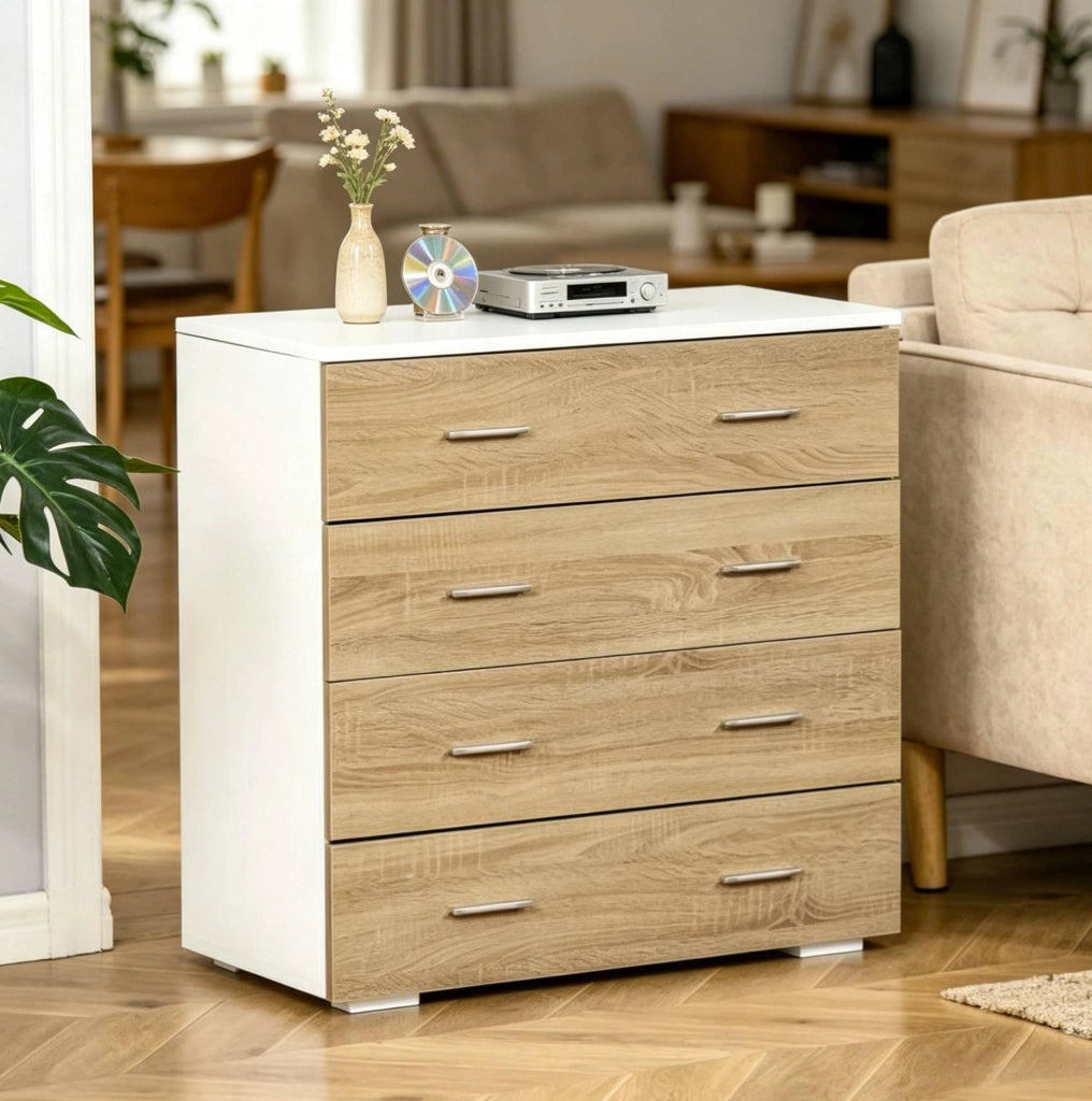 Cassettiera 76x35x72 cm bianca e legno chiaro; 4 cassetti con maniglie metalliche