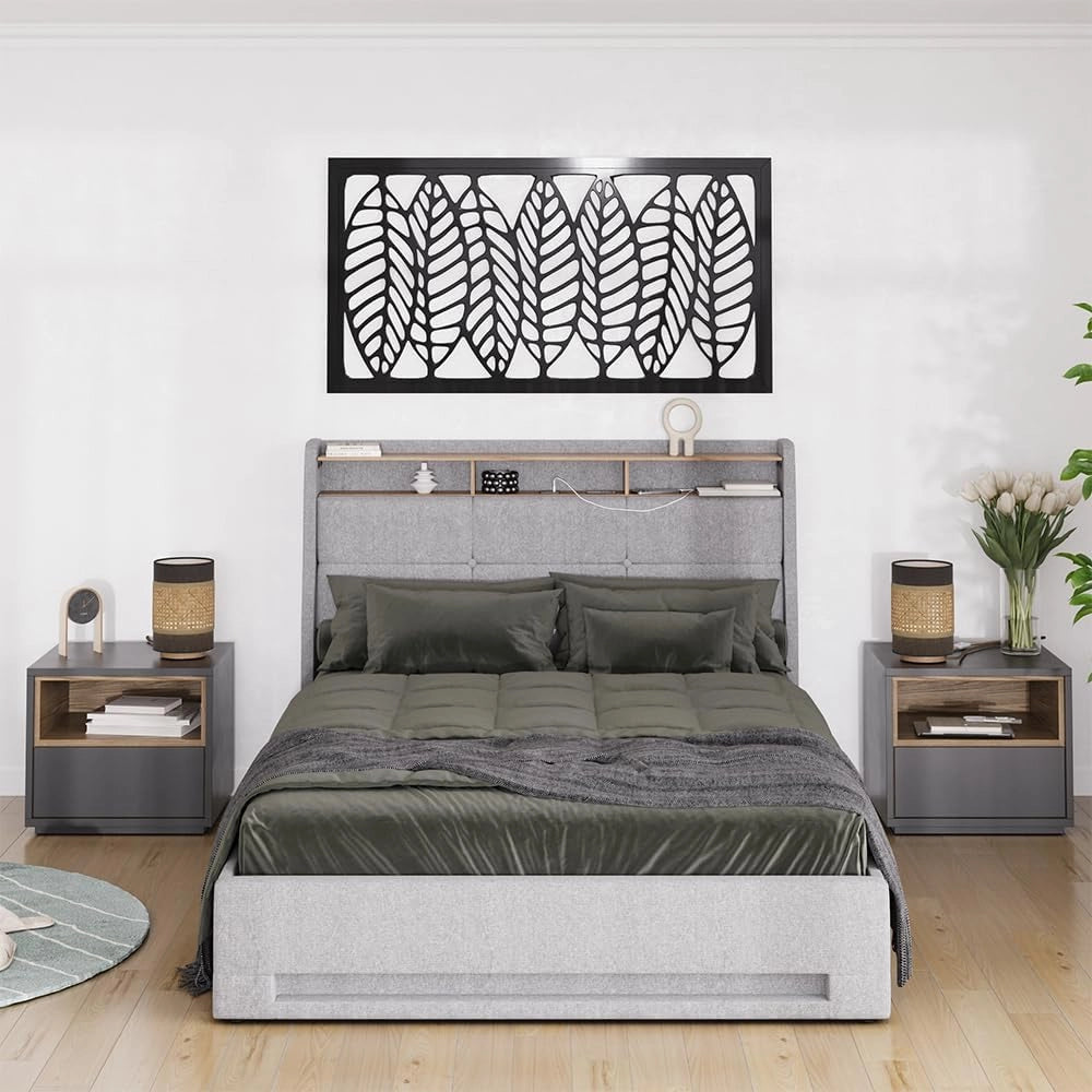 Letto imbottito Christin, Grigio/quercia, con LED e connessione USB, con rete a doghe, funzione pieghevole e base letto integrata