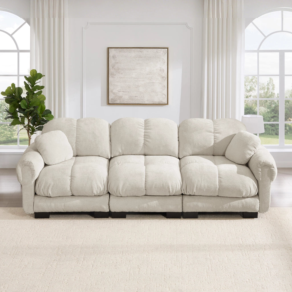 Divano Modulare 3 Posti con Cuscini Decorativi, Schienale Ergonomico, Ciniglia, Grigio Chiaro