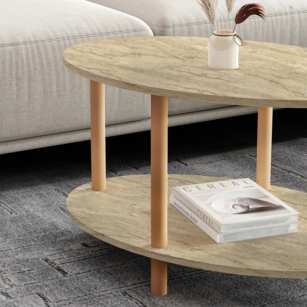 Tavolino Basso da Salotto 'Højreby' con Gambe in Legno e Piano Ovale - Travertino [en.casa]