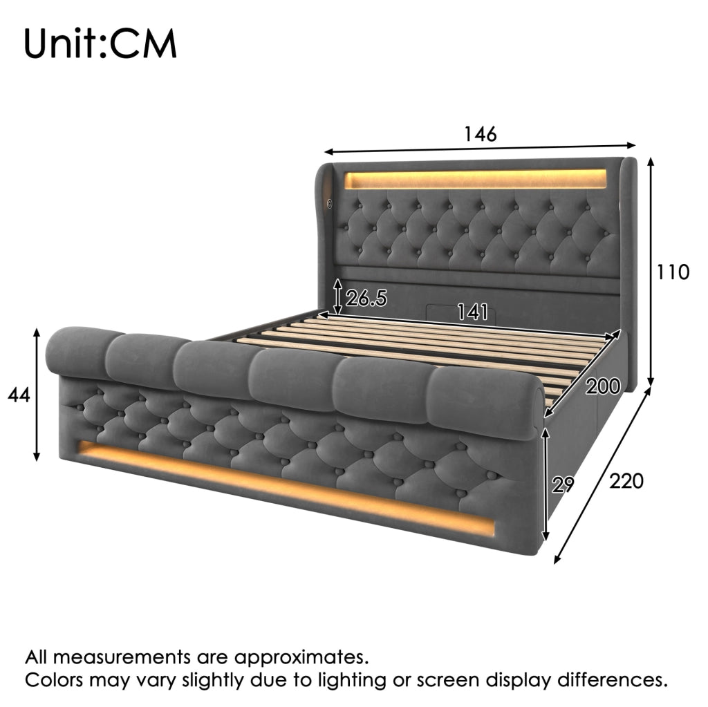 Letto imbottito in velluto con LED, porta USB e contenitore idraulico