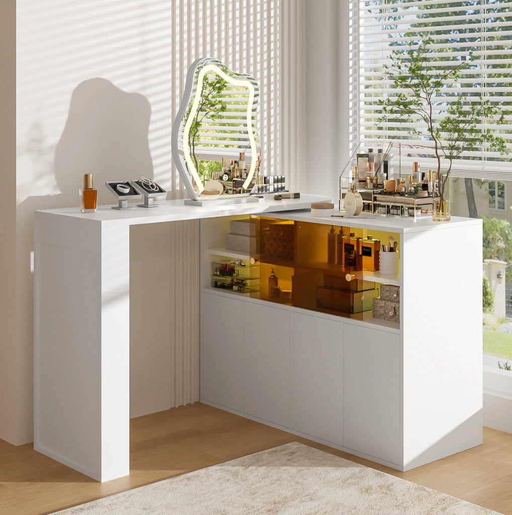Toeletta girevole a L con specchio LED dimmerabile e contenitore, bianca 177×40×131,5 cm