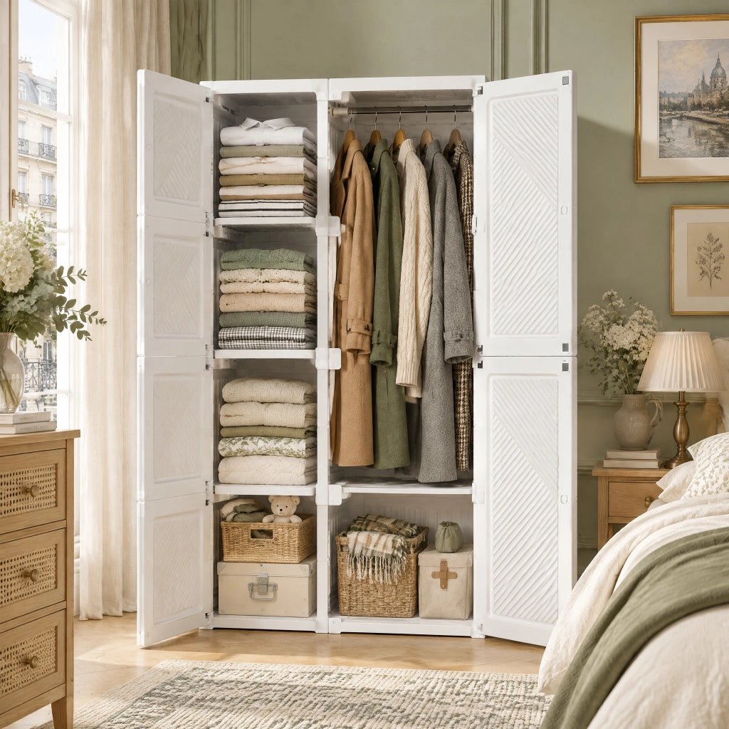 Armadio Pieghevole, Pieghevole per Vestiti con 2 Ante, 5 Scomparti, Armadio 2 Ante, Portatile Organizer per Guardaroba, in PP 136x69x50 cm Bianco