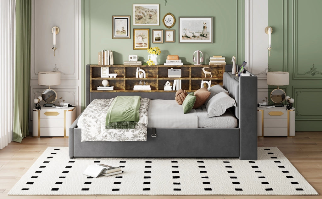 DESMIU Letto contenitore 140 × 200 cm 2 posti con luce LED, USB e Type-C, ripiani e vano idraulico, senza materasso, grigio