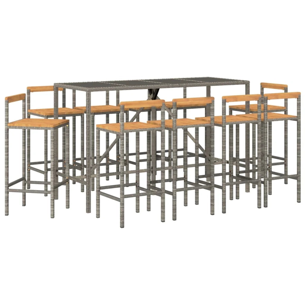 Set da bar da giardino da 11 pezzi mobili da esterno per patio polyrattan grigio/legno massello di acacia 02_0013471