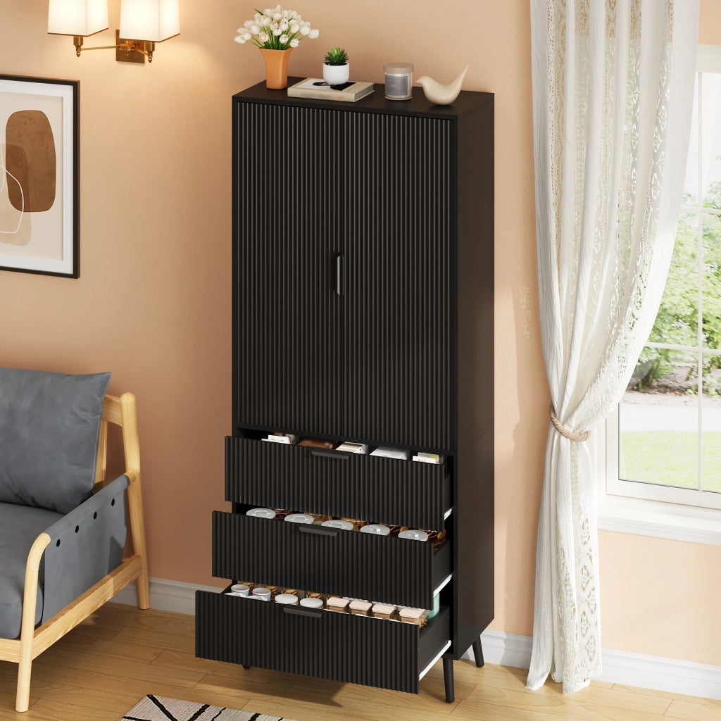 Armadio contenitore 75x35x180 cm con 2 ante e 3 cassetti in MDF nero