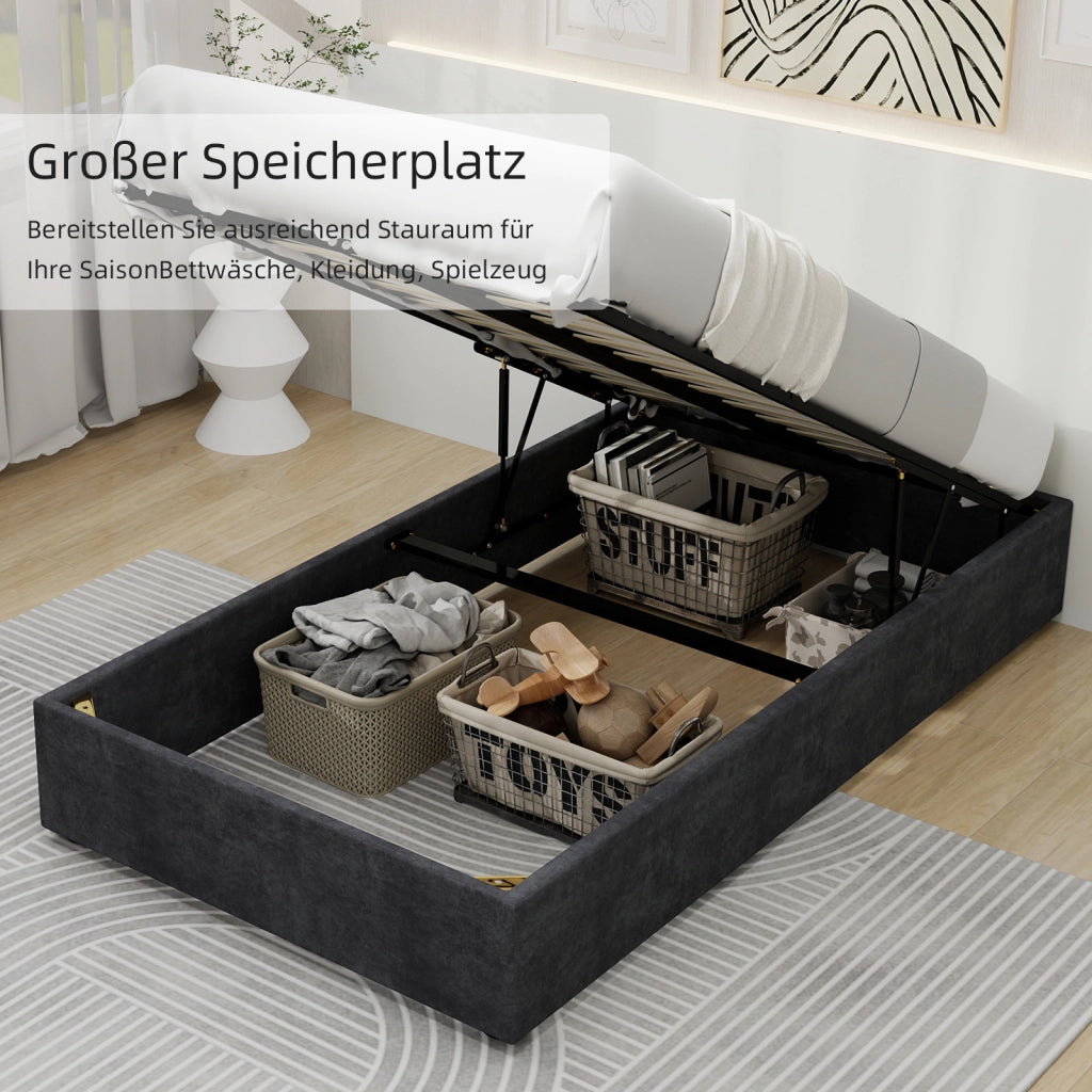 Letto Singolo 90x200 cm con Contenitore e Testiera Cartoon; in Tessuto e Metallo Grigio