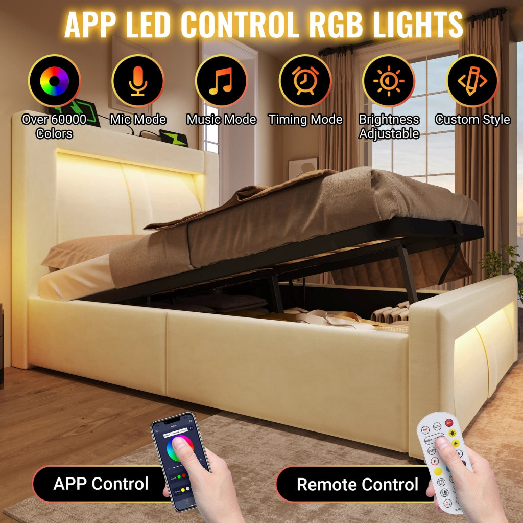 Letto matrimoniale ULEVR 180x200 cm contenitore con LED, USB e Type-C, velluto beige