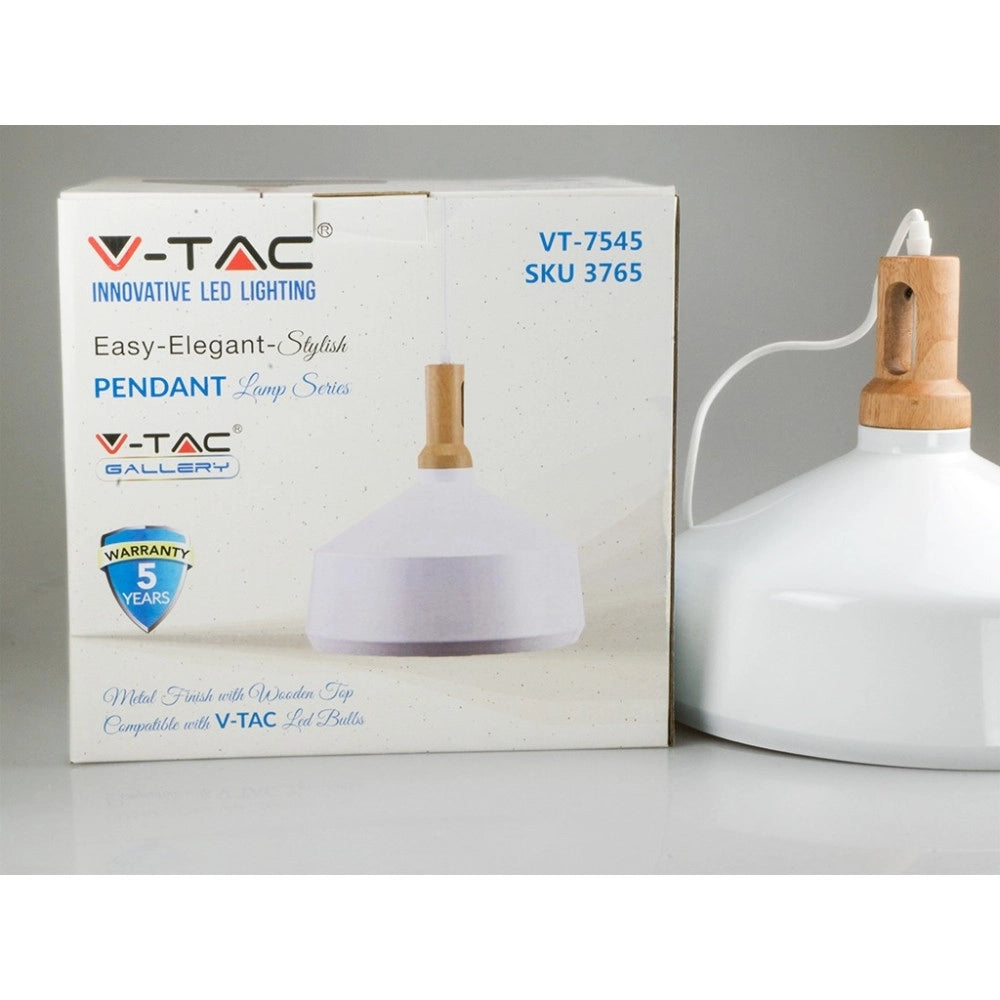 Trade Shop - Lampadario Pendente Lampada A Sospensione Parabola Bianca Base In Legno Vt-7545 -