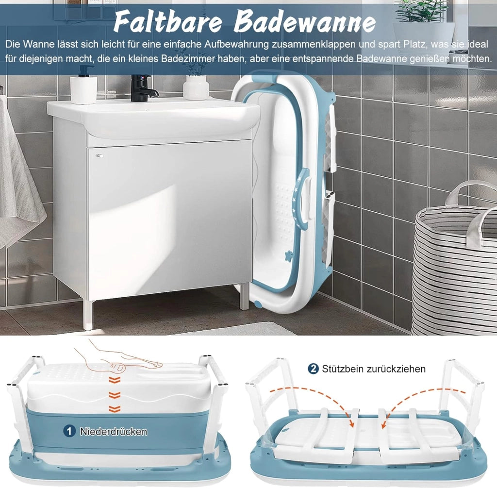 Vasca da bagno pieghevole per adulti, 118 x 60 x 53 cm, con copertura e cestino, mobile pieghevole, autoportante per bagno, doccia e balcone, blu