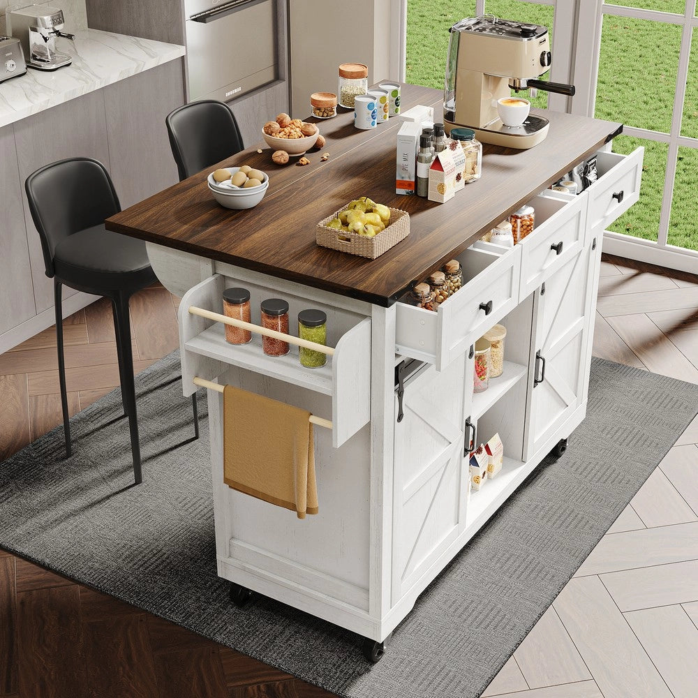 Isola Cucina su Ruote con Piano Estraibile ¨C Xylo ¨C Effetto Legno, 2 Ante Scorrevoli, 3 Cassetti