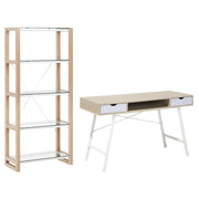 Set di mobili per ufficio, legno chiaro, MDF bianco, vetro, una scrivania, una libreria, un home office minimalista